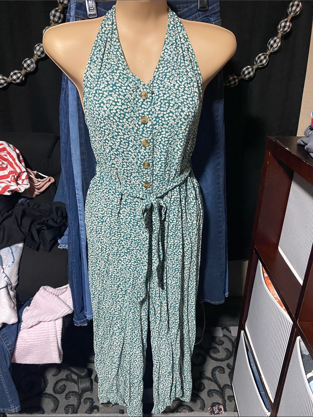 American Eagle Outfitters Teal Floral Halter Backless Jumpsuit